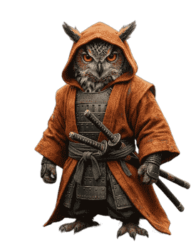 Fantasy owl warrior wearing samurai armor and an orange hooded cloak
