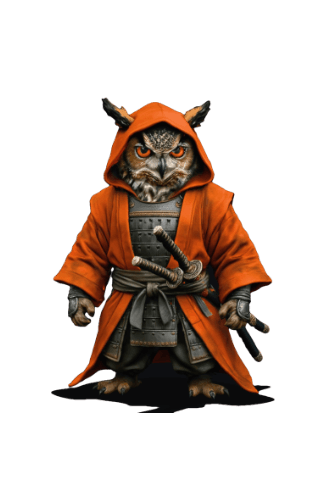 Fantasy owl warrior wearing samurai armor and an orange hooded cloak