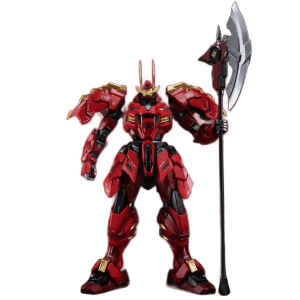 Red armored sci-fi mecha robot holding a large battle axe