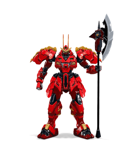 Red armored sci-fi mecha robot holding a large battle axe